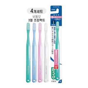 GUM 덴탈 브러시 No.166 보통모 3열 초소형 헤드 칫솔X4개세트
