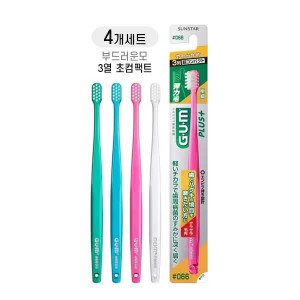 GUM 플러스 칫솔 NO.066 부드러운모 3열 초소형 헤드  극세모 X4개세트