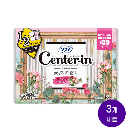 센터인 컴팩트 1/2 슬림 생리대 내추럴 플로럴향 날개형 24.5cm 양이 많은 낮용 16매x3개세트