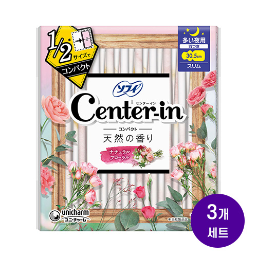 유니참 센터인 컴팩트 1/2 슬림 생리대 내추럴 플로럴향 날개형 30.5cm 밤용 12매x3개세트