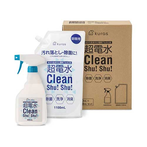 도쿄핸즈 만능 클리너 쿠라스 초전수 클린 슈! 슈! 전해 알칼리 세정수 본품 500mL + 리필 1100mL